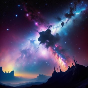 colorful sky with stars and a cloud in the middle of it with a mountain in the background and a star filled sky